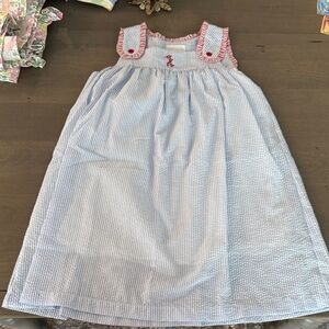 Blue and White seersucker Striped Kids Dress with A monogram size 10